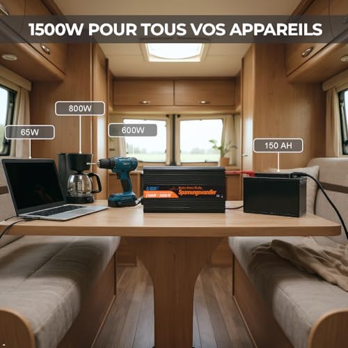 Convertisseur EDECOA 1500W dans camping-car alimentant perceuse cafetière ordinateur et pompe