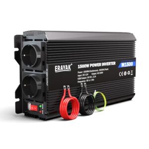 Convertisseur ERAYAK 1500W avec double prise 230V, câbles rouges noirs et boîtier aluminium