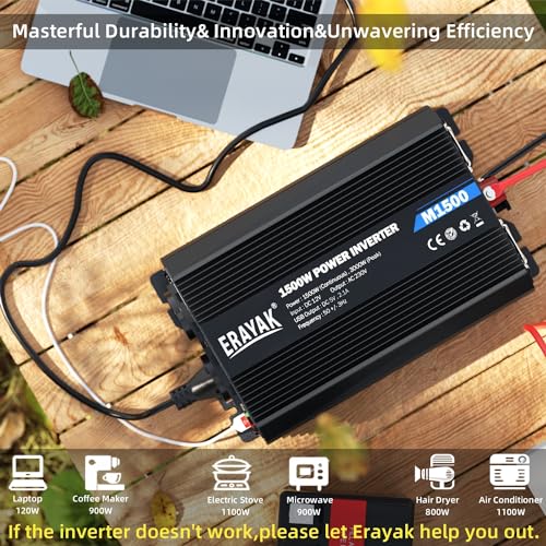 Onduleur ERAYAK 1500W alimentant ordinateur portable avec affichage durabilité innovation efficacité et applications multiples