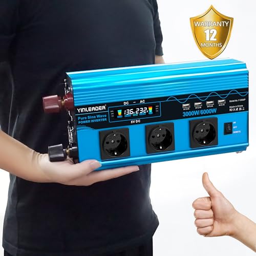 Personne tenant convertisseur Yinleader compact bleu avec badge garantie 12 mois