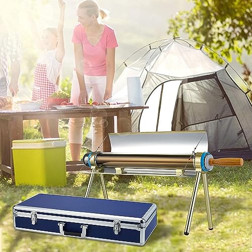 Cuiseur solaire utilisé en camping avec tente et famille en arrière-plan
