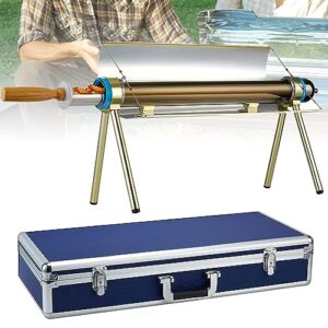 Cuiseur solaire parabolique portable avec trépied doré et mallette de transport bleue