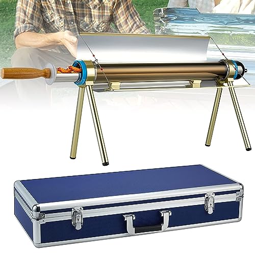 Cuiseur solaire parabolique portable avec trépied doré et mallette de transport bleue