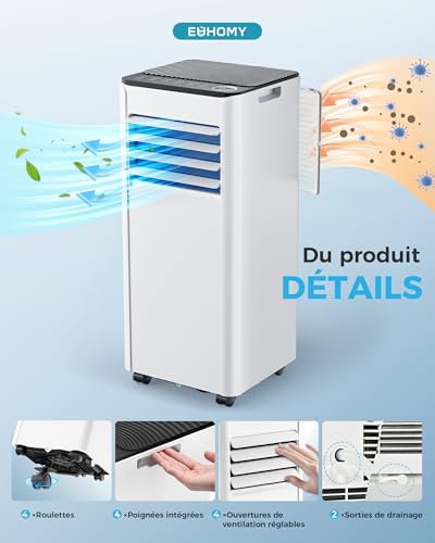 Vue détaillée climatiseur EUHOMY roulettes poignées ventilation drainage
