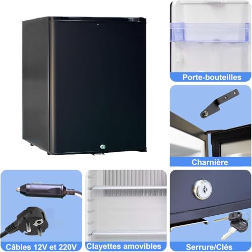 Détails techniques frigo camping avec serrure, charnière, porte-bouteilles et clayettes amovibles