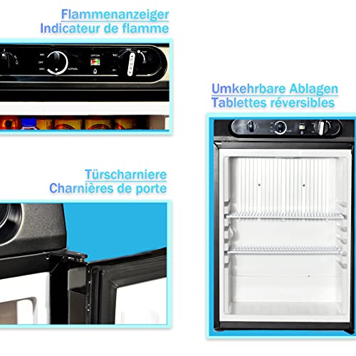 Détails techniques frigo Techomey : indicateur flamme gaz, clayettes réversibles, charnières porte robustes