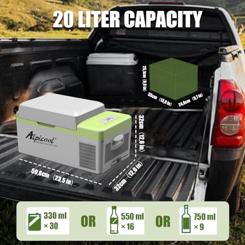 Glacière Alpicool 20L dans coffre voiture avec dimensions 59x32x30cm et capacités bouteilles