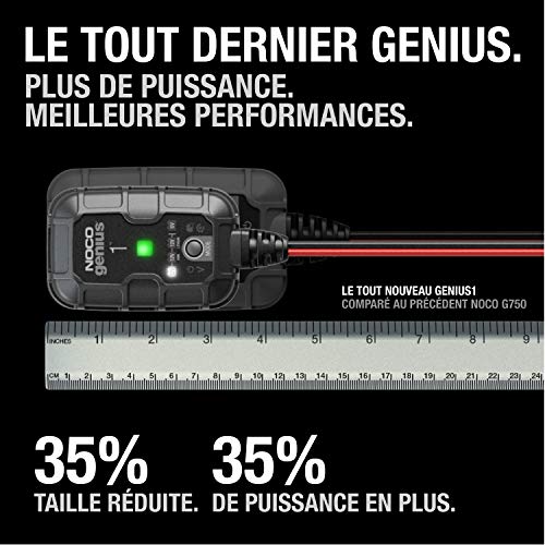 Comparaison taille NOCO GENIUS1 vs G750 avec règle graduée montrant 35% plus compact