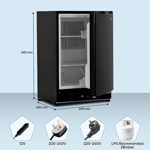 Dimensions techniques frigo gaz 68,5x48,5x46cm avec connectiques 12V 220V gaz