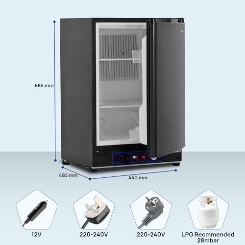 Schéma dimensions réfrigérateur Smad 685x485x480mm avec options connexion 12V 220V gaz