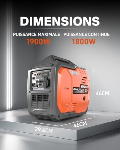 Dimensions groupe électrogène WENOVUS 46x29.6x46cm puissance 1900W max 1800W continu