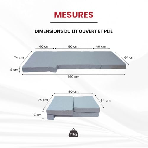 Schéma dimensions matelas cabine 160x80cm plié et déplié avec poids 11kg