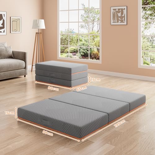 Schéma dimensions matelas Vesgantti déplié 190x90x15cm et plié 65x90x45cm dans salon moderne