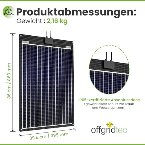 Spécifications techniques panneau Offgridtec 120W dimensions 68x39,5cm poids 2,16kg certification IP65