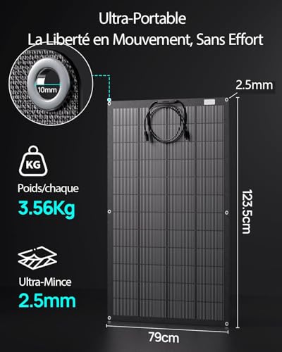 Dimensions panneau solaire flexible 125x79cm épaisseur 2,5mm poids 3,56kg ultra-portable