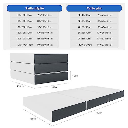 Tableau des dimensions disponibles du matelas pliable Vesgantti de 60x120cm à 140x190cm