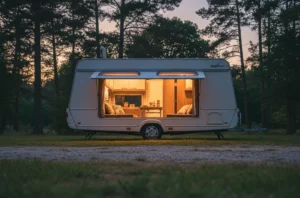Camping-car stationné sur aire boisée au crépuscule avec lumière intérieure chaleureuse, ambiance sécurisée