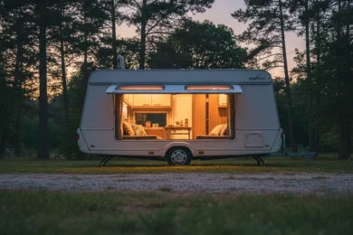 Camping-car stationné sur aire boisée au crépuscule avec lumière intérieure chaleureuse, ambiance sécurisée
