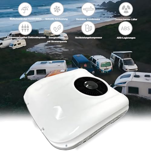 Icônes fonctionnalités climatiseur avec camping-cars bord de mer montrant toutes les caractéristiques techniques
