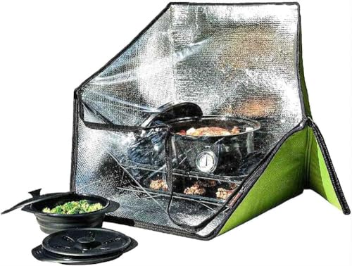 Four solaire portable avec structure triangulaire verte et réflecteur argenté pour camping