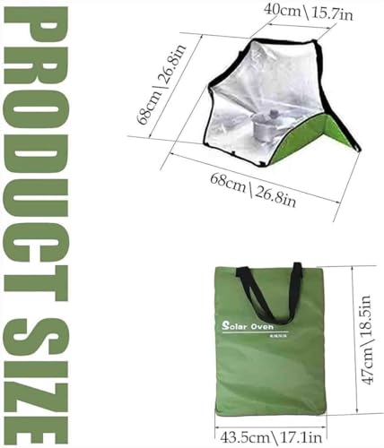 Dimensions détaillées du four solaire 68x40x48cm avec sac de transport vert