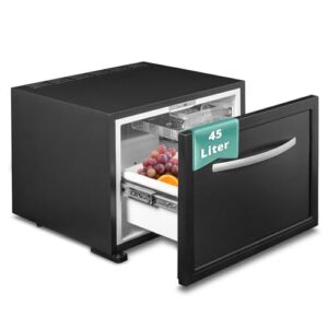 Réfrigérateur à tiroir SMETA 45L noir ouvert avec fruits et boissons