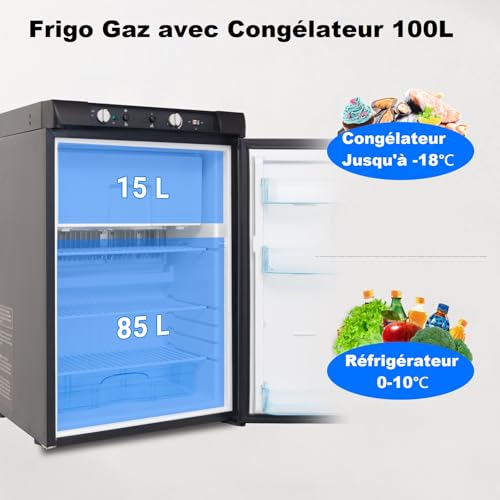 Schéma montrant la répartition 15L congélateur et 85L réfrigérateur du frigo Techomey