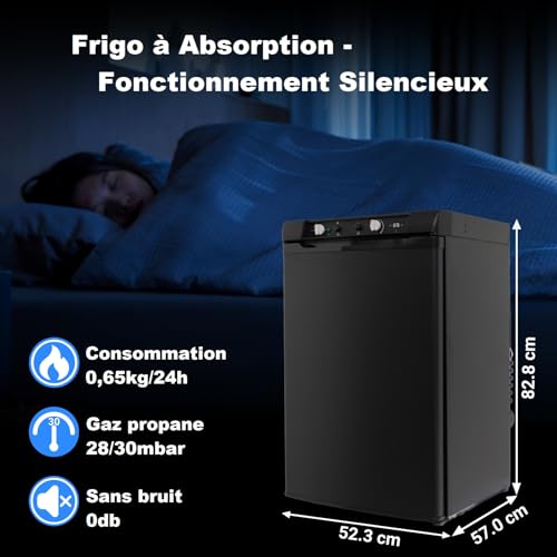 Frigo à absorption silencieux Techomey avec dimensions 82,8x52,3x57cm et consommation gaz