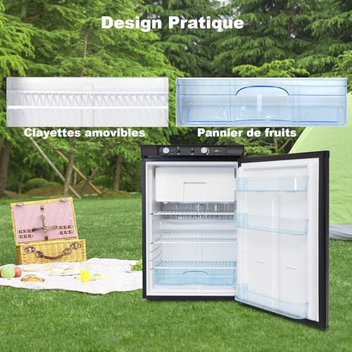 Design pratique du frigo Techomey avec clayettes amovibles et panier à fruits