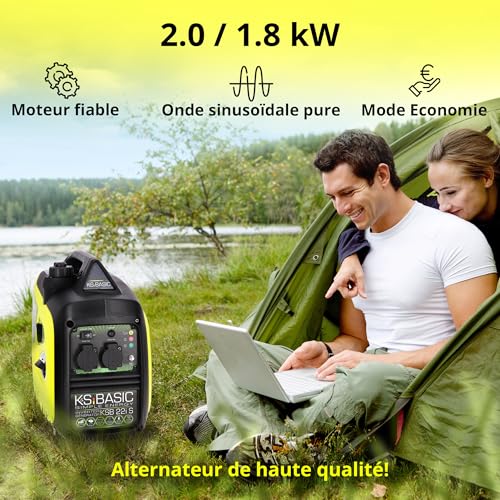 Couple camping avec générateur KSB Basic 2kW onde sinusoïdale pure et mode économie