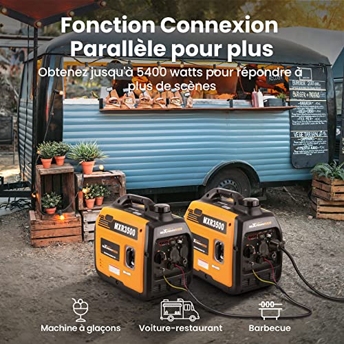 Deux générateurs MXR3500 connectés en parallèle devant food truck pour 5400W de puissance