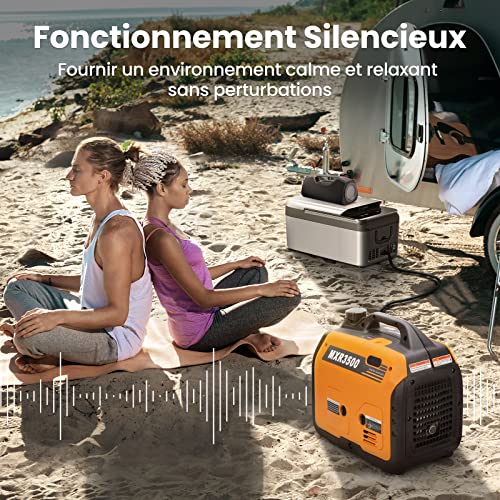 Deux femmes méditant sur la plage avec générateur MXR3500 silencieux et glacière électrique