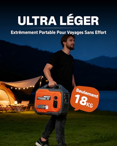 Homme transportant facilement générateur WENOVUS 18kg devant tente camping nuit