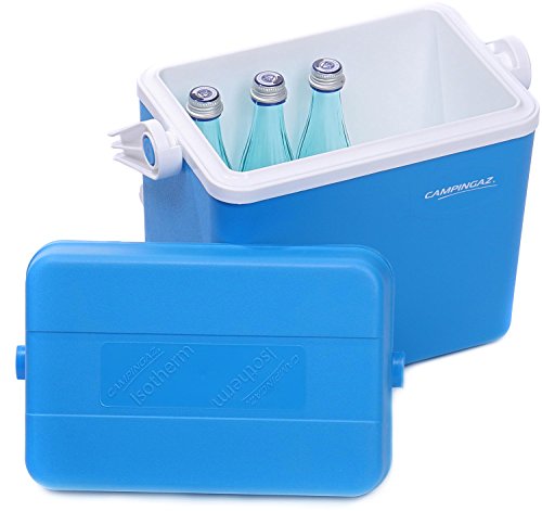 Glacière Campingaz 10L ouverte montrant l'intérieur avec bouteilles et système d'organisation bleue