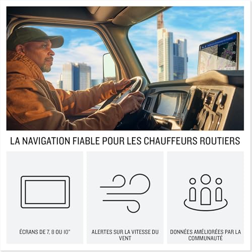 Chauffeur routier utilisant GPS Garmin dēzl dans cabine de camion avec écrans multiples