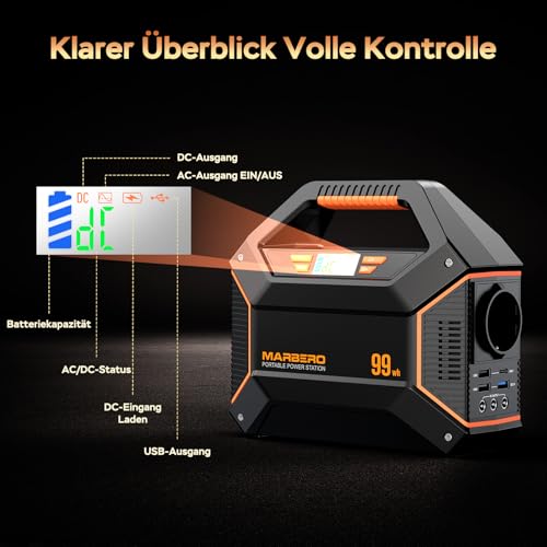 Écran LCD station MARBERO affichant niveau batterie état AC DC et charge
