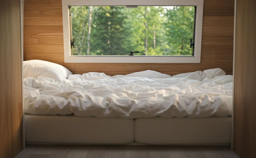 Intérieur de camping-car avec matelas confortable et lumière naturelle du matin Intérieur de camping-car avec matelas confortable et lumière naturelle du matin