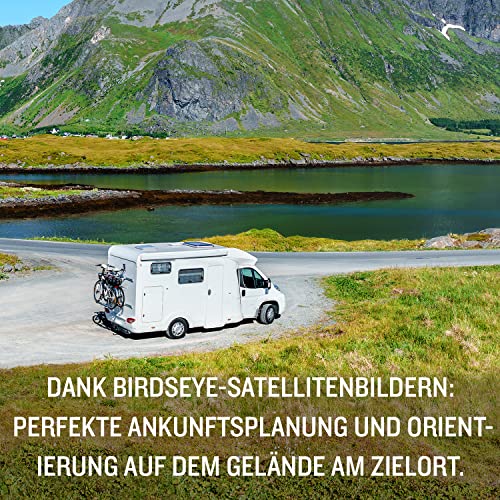 Camping-car blanc sur route montagne avec GPS Garmin vue satellite BirdsEye pour orientation terrain