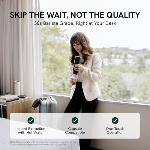 Femme utilisant machine expresso portable OutIn bureau extraction instantanée eau chaude capsule