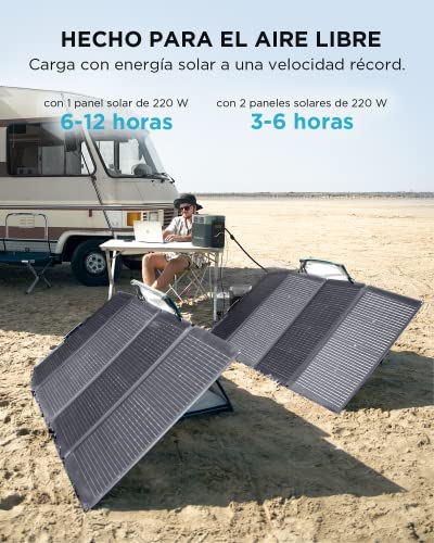 Station EcoFlow Delta 2 en charge solaire avec camping-car dans le désert montrant temps de charge