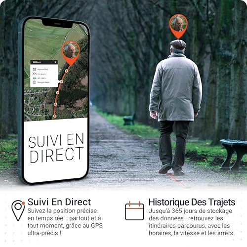 Application PAJ GPS montrant le suivi en direct d'une personne en promenade avec historique des trajets