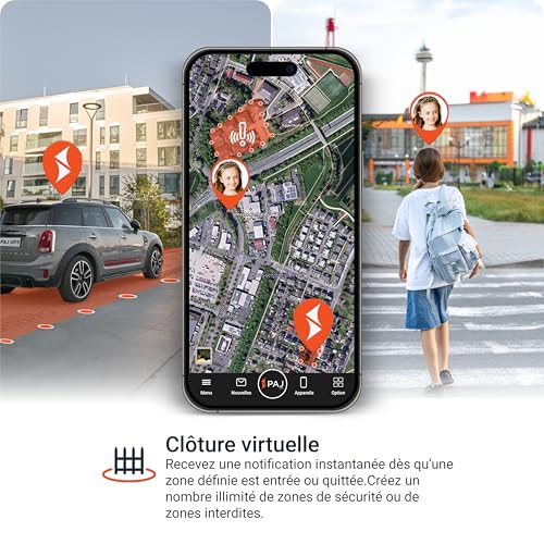 Fonction clôture virtuelle PAJ GPS avec zones de sécurité définies pour enfants et véhicules