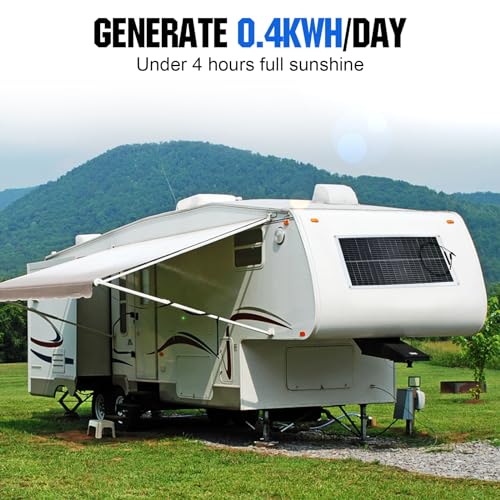 Panneau solaire flexible sur camping-car produisant 0,4kWh par jour avec 4 heures d'ensoleillement