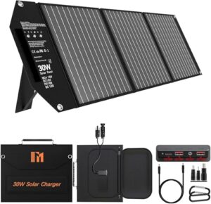 Panneau solaire pliable Mesuvida 30W avec 3 panneaux, béquille et accessoires de charge inclus