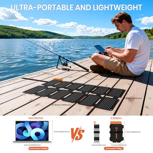 Panneau solaire ultra léger FlexSolar comparé MacBook sur ponton avec pêcheur