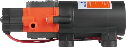 Vue latérale pompe Seaflo montrant les raccords 10mm et le câblage électrique