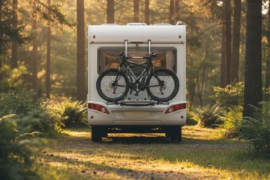 Porte-vélos chargé de deux vélos à l'arrière d'un camping-car sur une aire de stationnement boisée