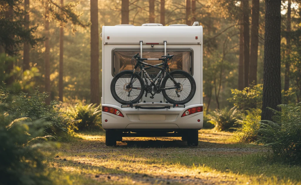 Porte-vélos chargé de deux vélos à l'arrière d'un camping-car sur une aire de stationnement boisée Porte-vélos chargé de deux vélos à l'arrière d'un camping-car sur une aire de stationnement boisée