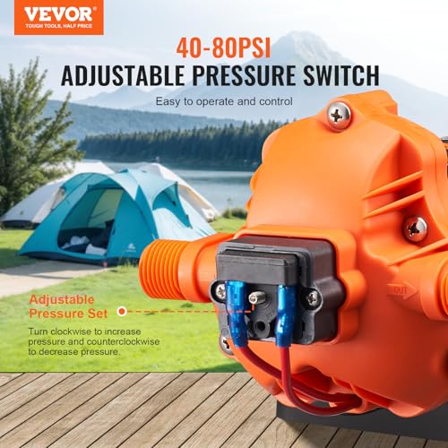 Pressostat réglable 40-80 PSI pompe VEVOR avec vue camping-car et tente nature