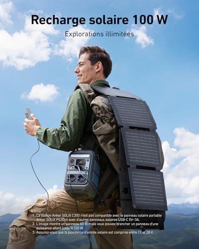Station Anker C300 rechargée par panneau solaire 100W portable en extérieur